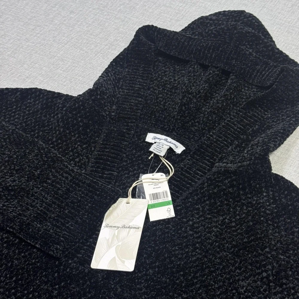 Tommy Bahama Island Luna Chenille Hooded Pullover Sweatshirt Womens Large Black